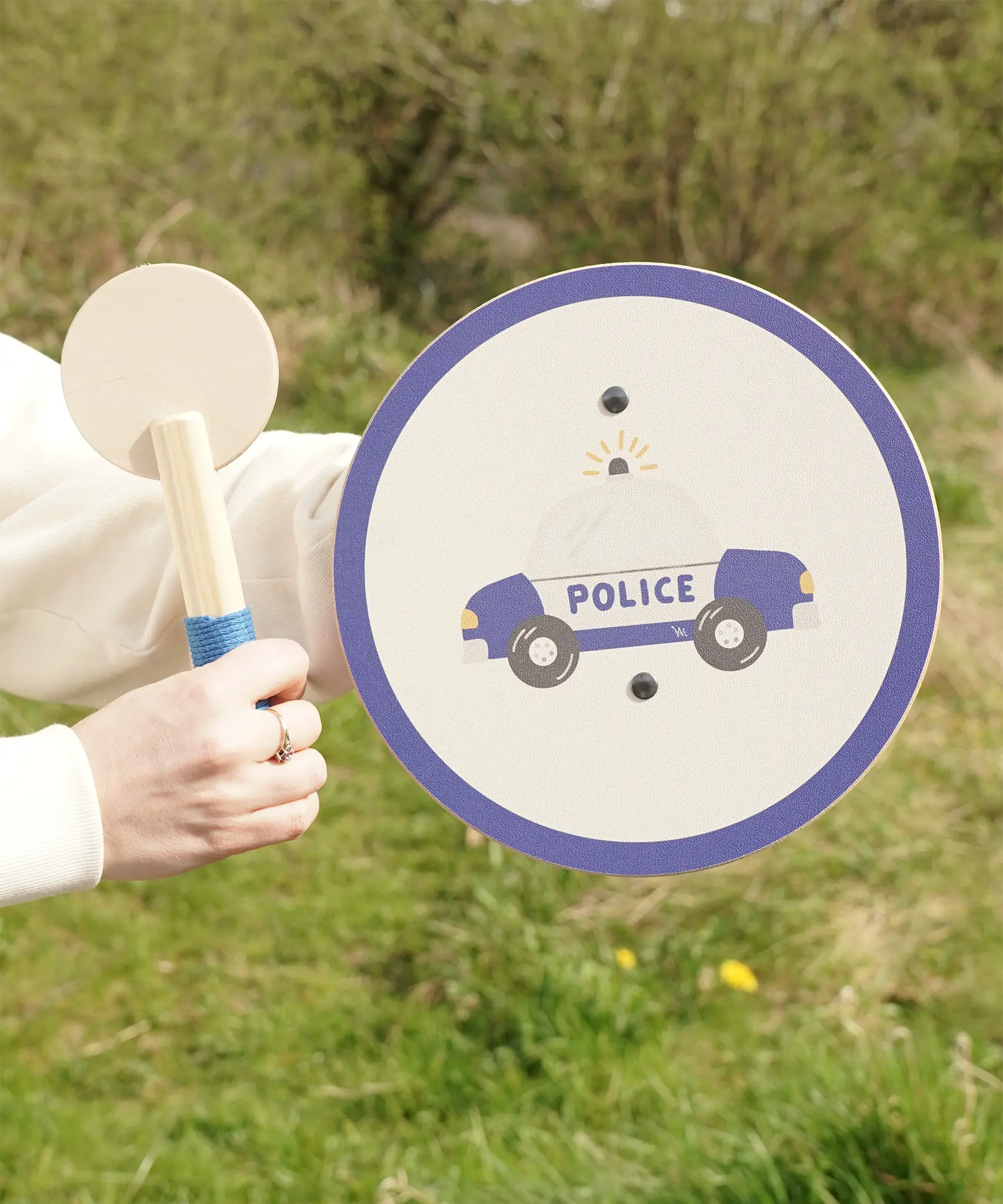 VAH wooden police shield and mini traffic baton, for pretend play and dress up.