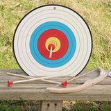 VAH wooden toy sports target, in white with blue red and yellow bullseye, next to safety arrows and mini bow.