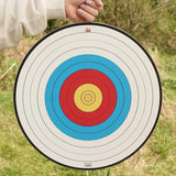 VAH sports target toy, wooden in white with blue red and yellow bullseye, for safety arrows.