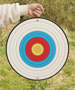 VAH sports target toy, wooden in white with blue red and yellow bullseye, for safety arrows.