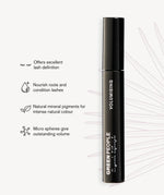 A info-graphic about the Volumising Mascara by Green People. The text reads, "Offers excellent lash definition, nourishes roots and conditions lashes, natural mineral pigments for intense natural colour, and micro-spheres give outstanding volume"
