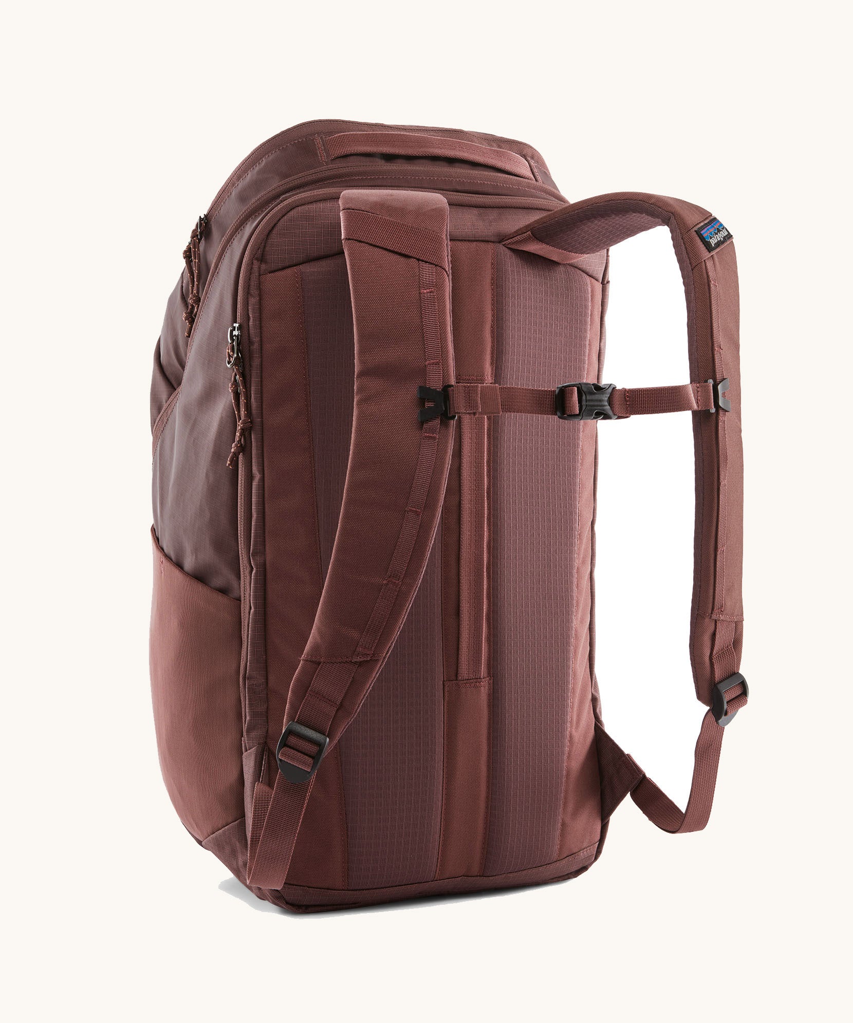 A view of the back of a The Patagonia Black Hole Pack 32 litre capacity backpack in dulse mauve colour.
