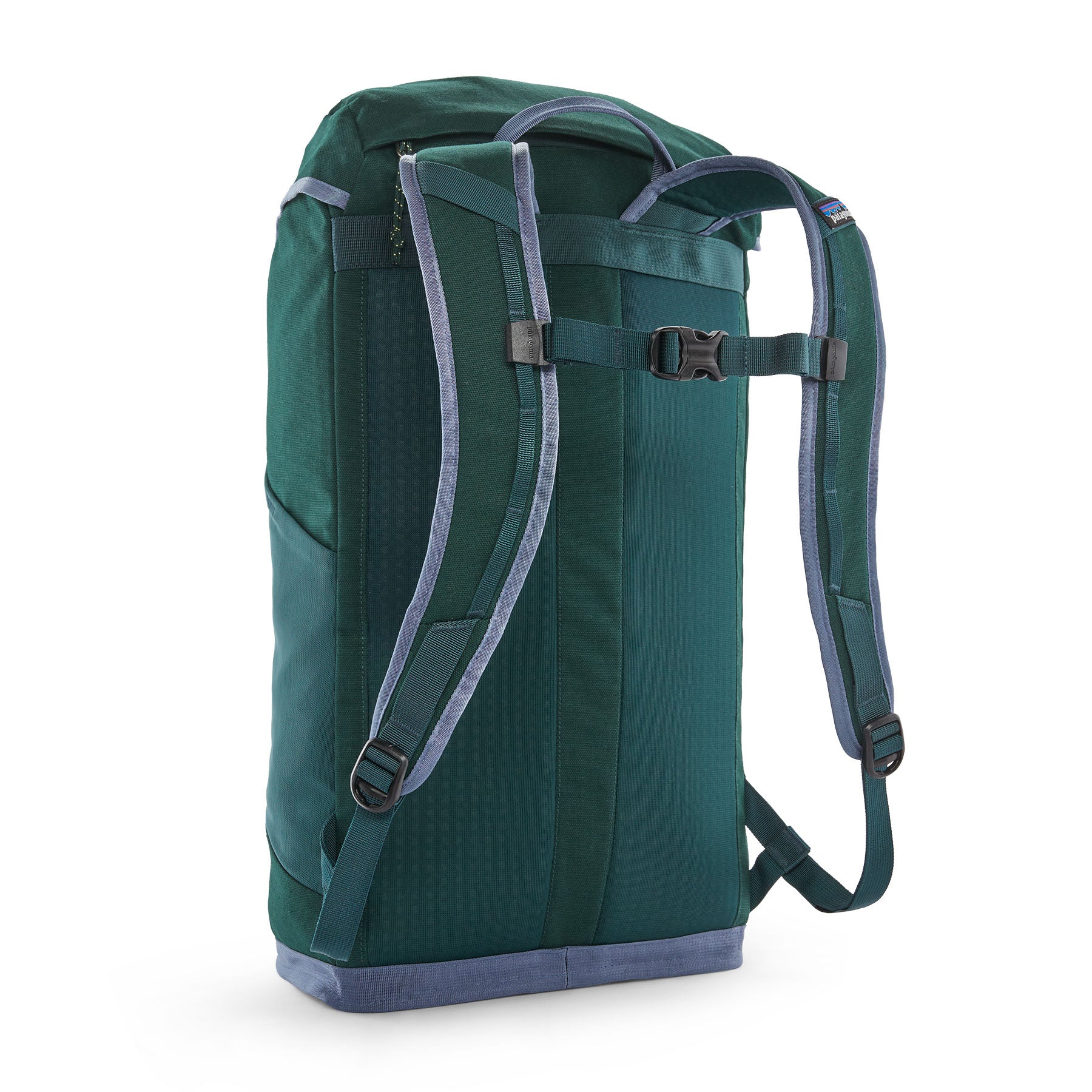 The back of the Patagonia lid fieldsmith lid backpack in cascade green. showing the detail on the padded shoulder and a closer look at the chest strap.