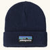Patagonia Kids Logo Beanie in New Navy. Blue Rib knit with a folded cuff and classic Patagonia p-6 logo patch sewn onto the front.