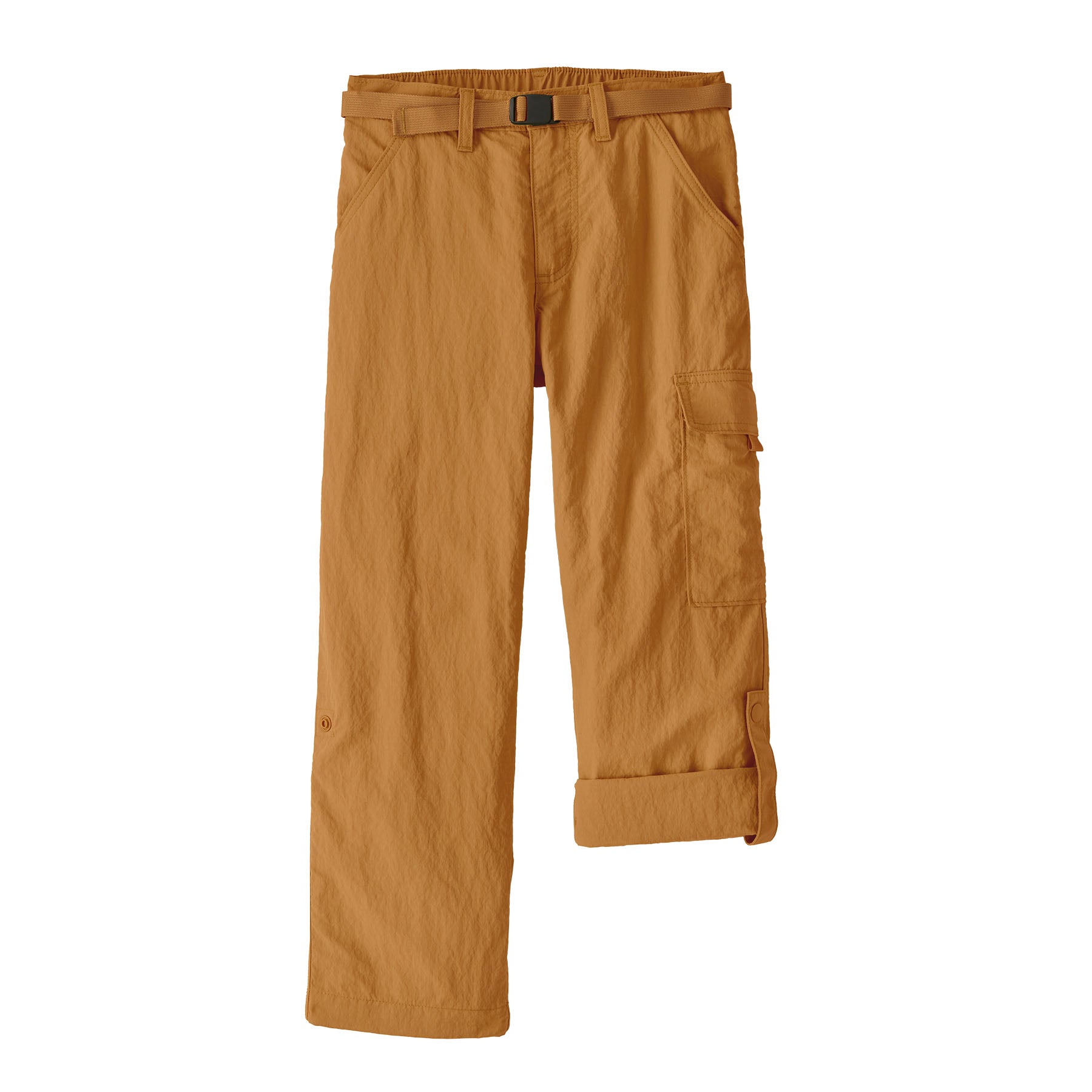 Patagonia kids outdoor everyday pants in talon gold available at Babipur showing the handy turn up leg detail
