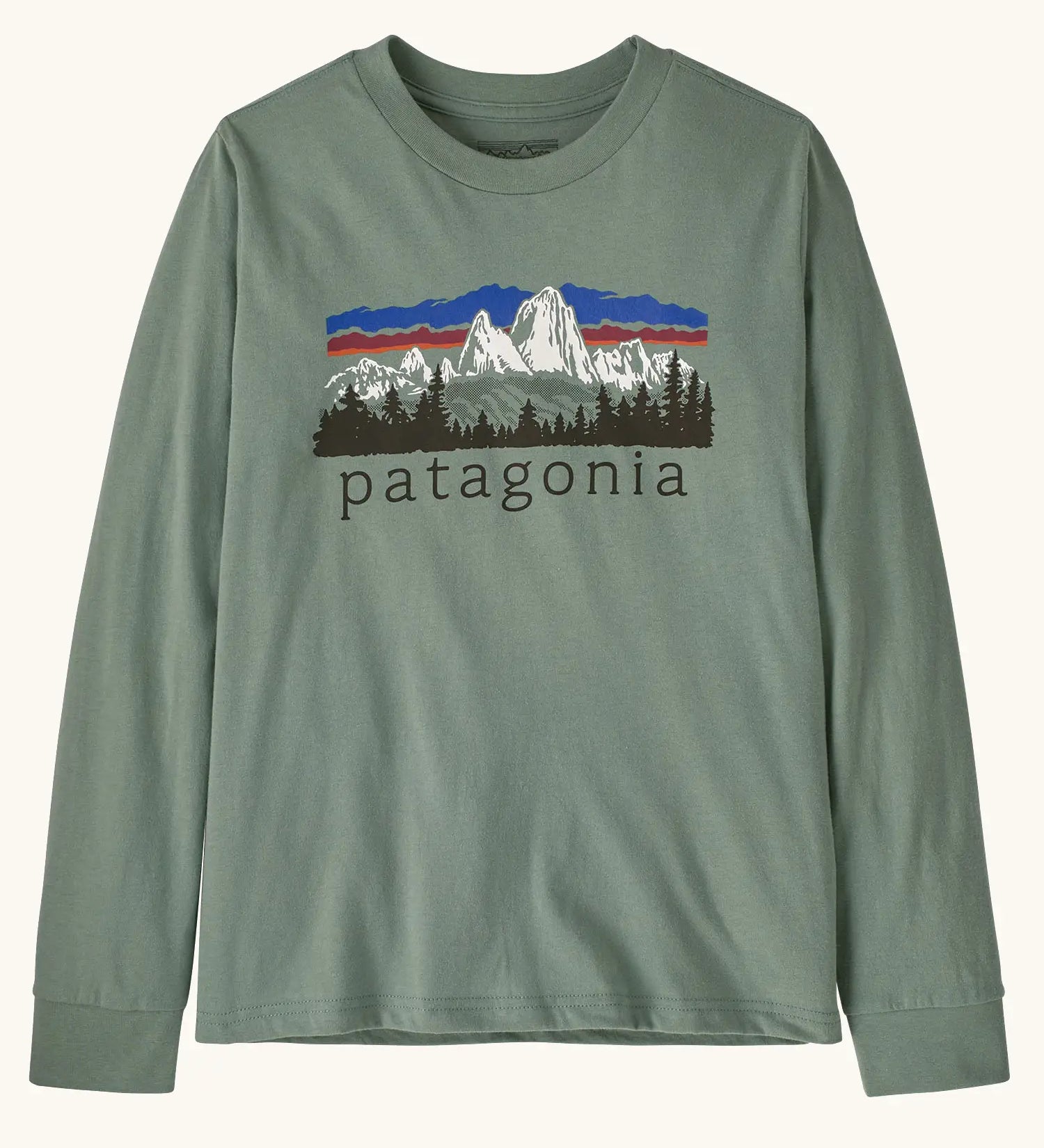 Patagonia Kids organic cotton Long-Sleeved Graphic T-Shirt in Cover Green. A sage green body with a vintage-style Patagonia Fitz Roy Foothills logo on the chest.