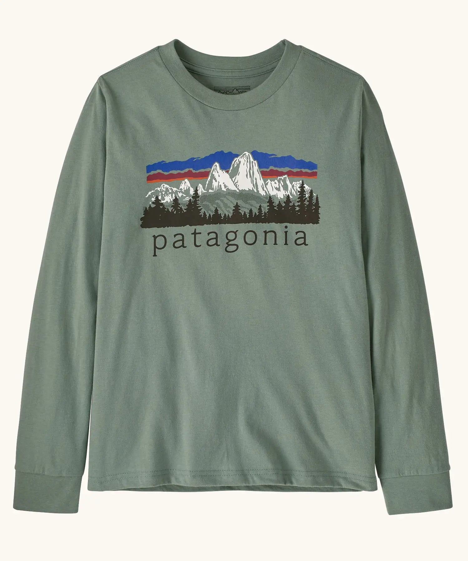 Patagonia Kids organic cotton Long-Sleeved Graphic T-Shirt in Cover Green. A sage green body with a vintage-style Patagonia Fitz Roy Foothills logo on the chest.