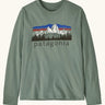 Patagonia Kids organic cotton Long-Sleeved Graphic T-Shirt in Cover Green. A sage green body with a vintage-style Patagonia Fitz Roy Foothills logo on the chest.