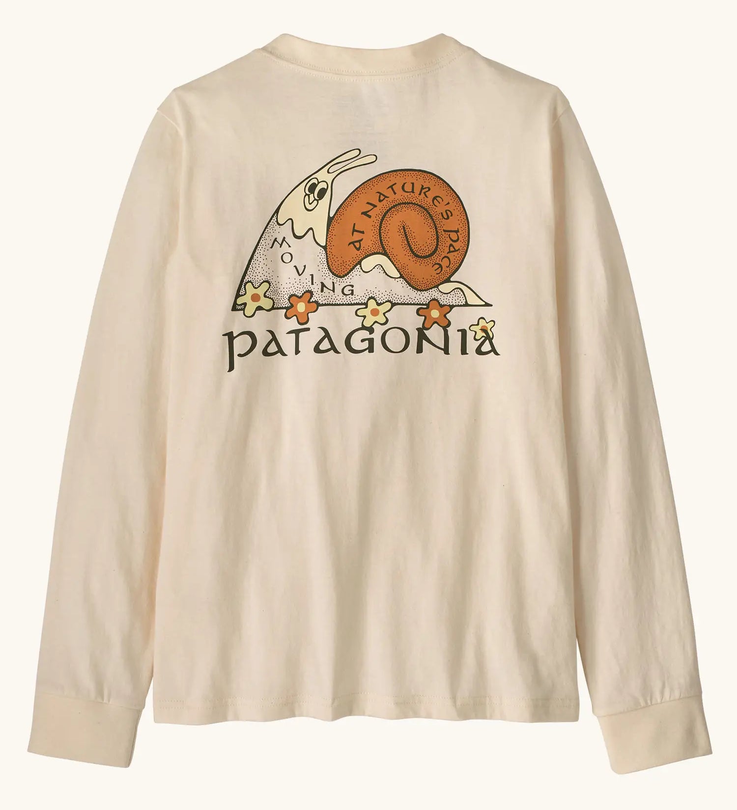 Patagonia Kids organic Long-Sleeved Graphic T-Shirt in Nature's Pace: Undyed Natural. A Beige body with vintage-style Patagonia “Nature’s Pace” snail graphic on the back.