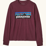 Patagonia Kids Organic Long Sleeve Top in Berry Fig. A Maroon body with classic Patagonia p-6 logo on the chest.