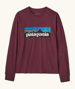 Patagonia Kids Organic Long Sleeve Top in Berry Fig. A Maroon body with classic Patagonia p-6 logo on the chest.