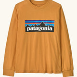 Patagonia Kids Organic Long Sleeve Top in Dried Mango. An orange body with classic Patagonia p-6 logo on the chest.