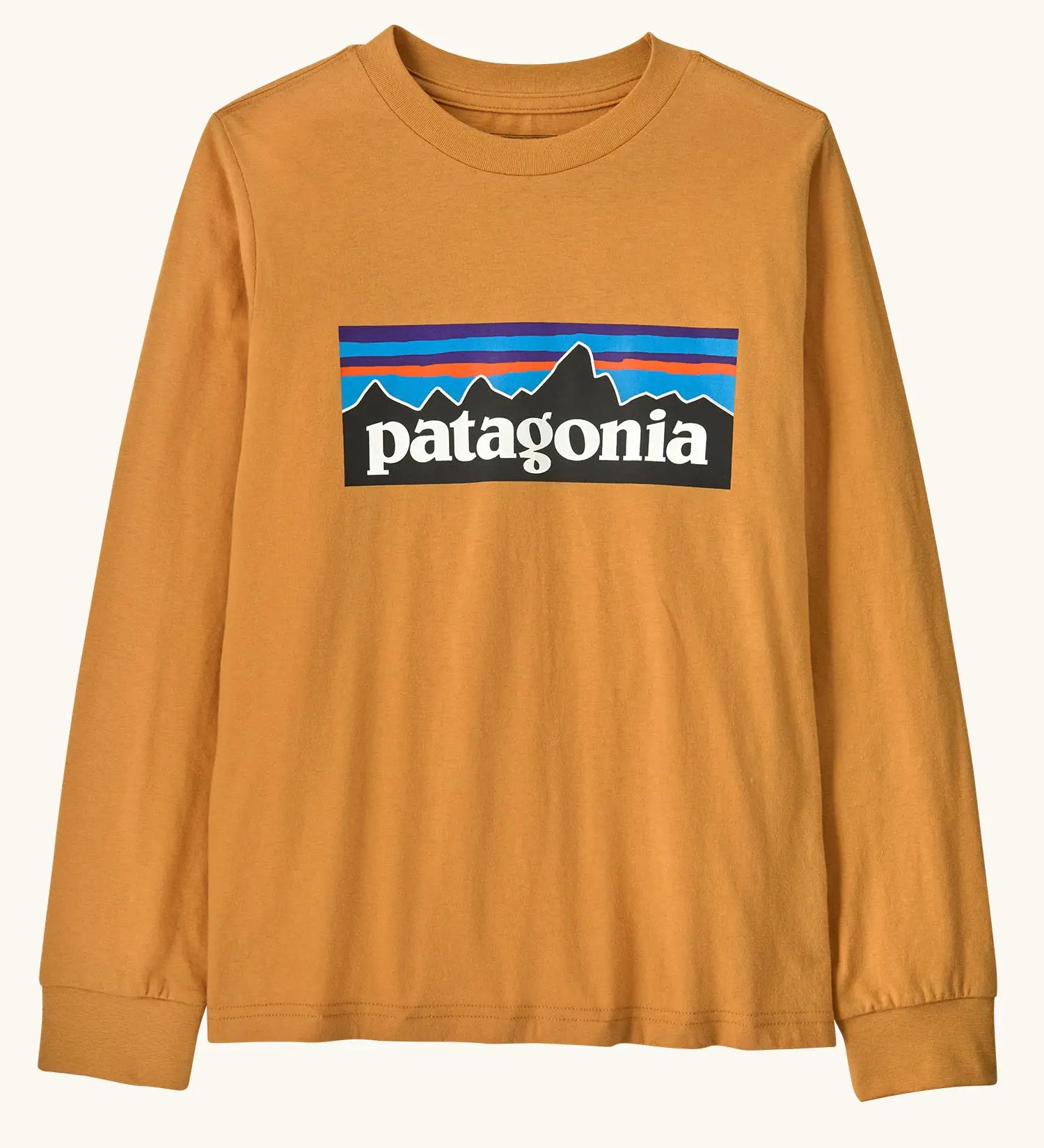 Patagonia Kids Organic Long Sleeve Top in Dried Mango. An orange body with classic Patagonia p-6 logo on the chest.