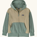 Patagonia Kids Full-Zip Hoody Sweatshirt in weathered stone. Beige body with the classic patagonia p-6 logo patch sewn on one side. Sage green Hood, pockets, waistline and arms. 