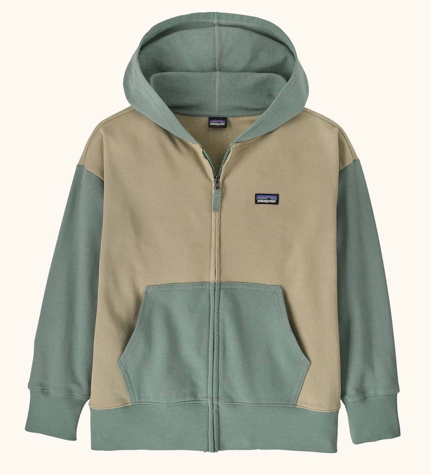 Patagonia Kids Full-Zip Hoody Sweatshirt in weathered stone. Beige body with the classic patagonia p-6 logo patch sewn on one side. Sage green Hood, pockets, waistline and arms. 