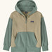 Patagonia Kids Full-Zip Hoody Sweatshirt in weathered stone. Beige body with the classic patagonia p-6 logo patch sewn on one side. Sage green Hood, pockets, waistline and arms. 