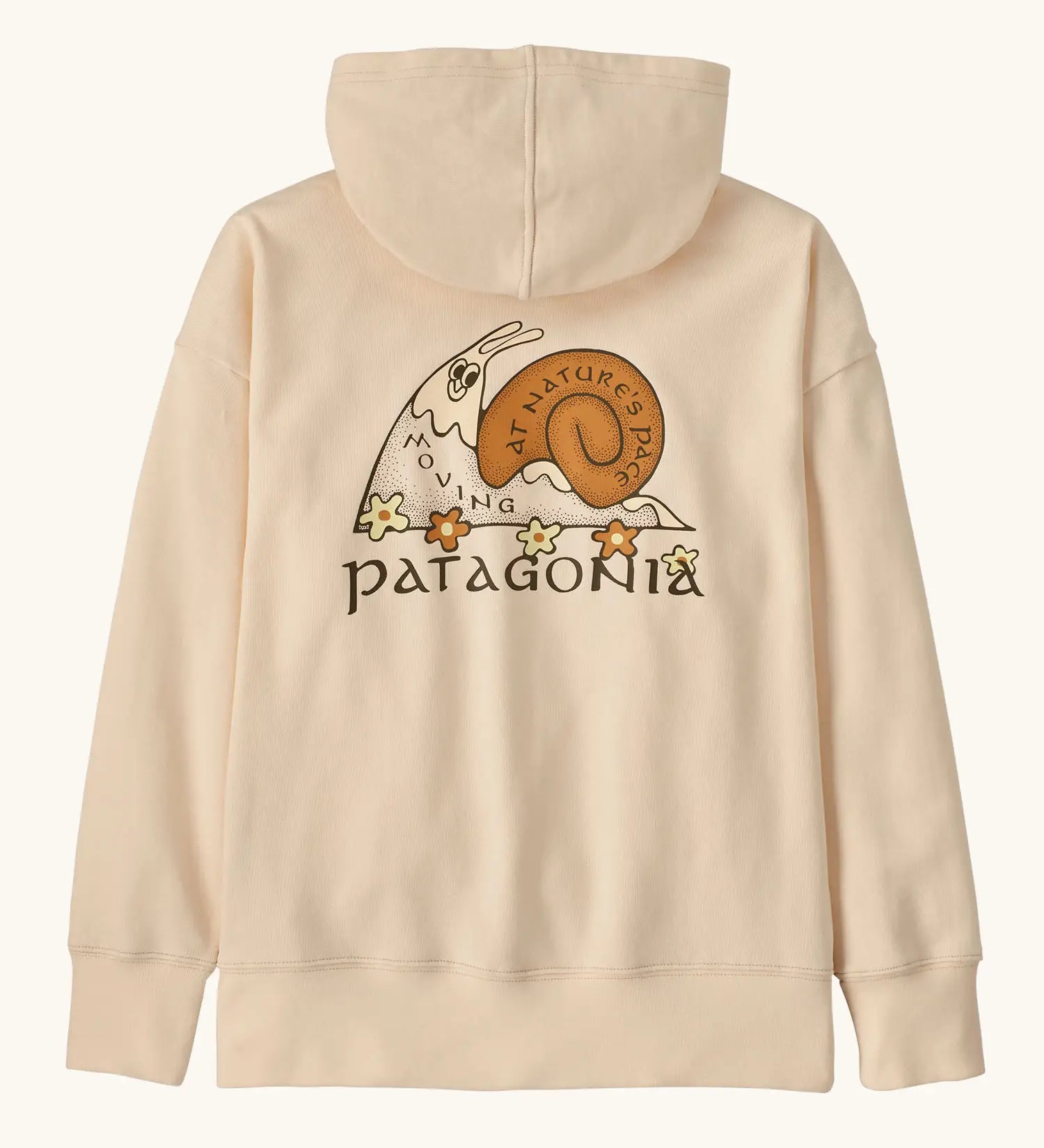 Patagonia Kids Cotton Hoody Sweatshirt in Natural. Undyed beige body with a vintage-style Patagonia “Nature’s Pace” snail graphic logo on the back.