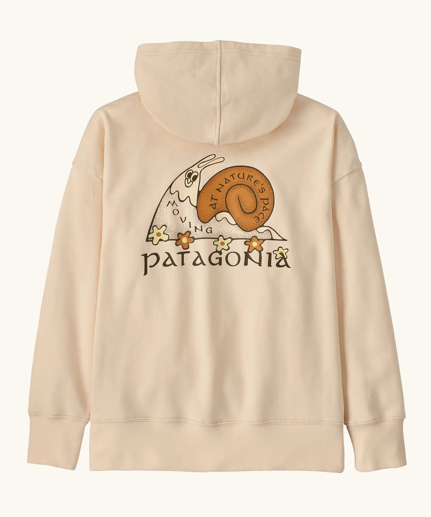Patagonia Kids Cotton Hoody Sweatshirt in Natural. Undyed beige body with a vintage-style Patagonia “Nature’s Pace” snail graphic logo on the back.