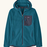 Patagonia Kids’ R1 Air Full-Zip Hoody in Glacial Blue. Deep turquoise ribbed body with dark grey binding and square chest pocket, with thumb holes.