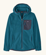 Patagonia Kids’ R1 Air Full-Zip Hoody in Glacial Blue. Deep turquoise ribbed body with dark grey binding and square chest pocket, with thumb holes.