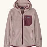 Patagonia Kids’ R1 Air Full-Zip Hoody in Pink Frost. Pale pink ribbed body with contrasting maroon binding and square chest pocket, with thumb holes.