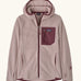 Patagonia Kids’ R1 Air Full-Zip Hoody in Pink Frost. Pale pink ribbed body with contrasting maroon binding and square chest pocket, with thumb holes.