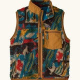 Patagonia Kids Retro X Fleece Vest in Lets Chat, Den Brown. Soft fleece in a Multicoloured abstract pattern, brown binding, and a matching chest pocket.