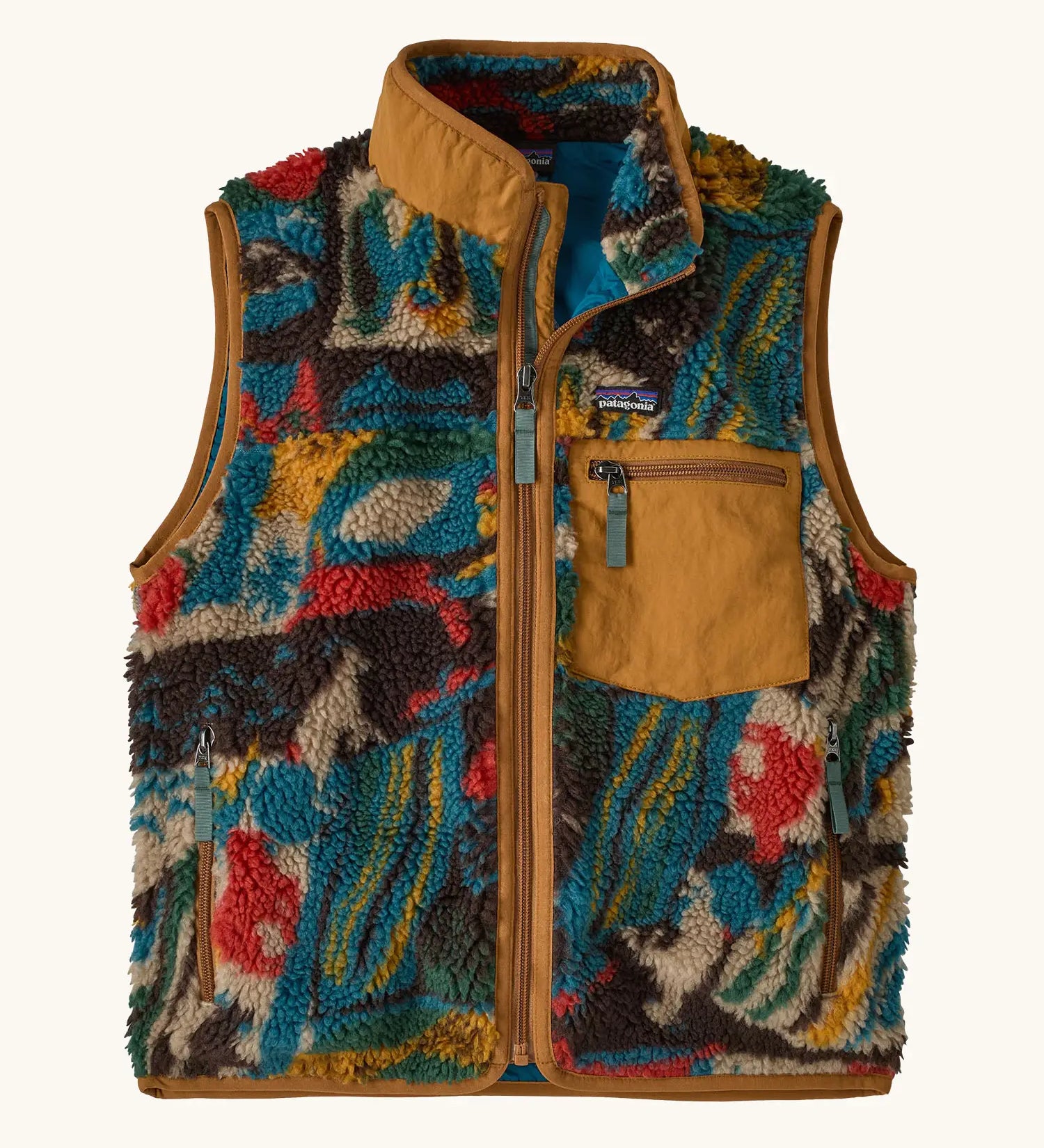 Patagonia Kids Retro X Fleece Vest in Lets Chat, Den Brown. Soft fleece in a Multicoloured abstract pattern, brown binding, and a matching chest pocket.