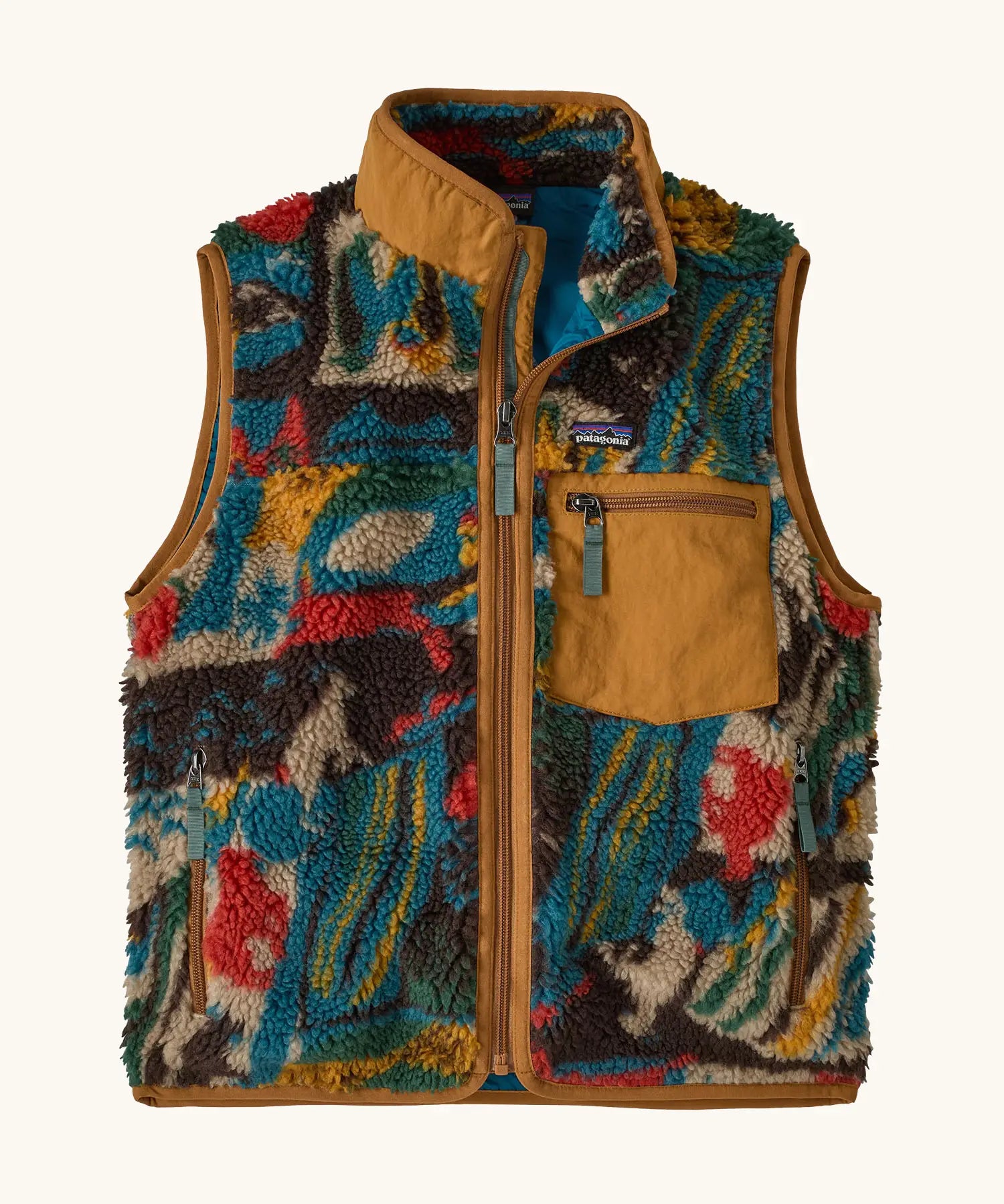 Patagonia Kids Retro X Fleece Vest in Lets Chat, Den Brown. Soft fleece in a Multicoloured abstract pattern, brown binding, and a matching chest pocket.