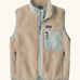 Patagonia Kids Retro X Fleece Jacket Vest in Natural with Virtually blue. soft cream fleece, contrasting pale blue binding, and a matching blue chest pocket.