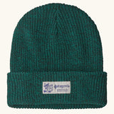 Patagonia Kids Logo Beanie in Solo Teal. Forest Green Rib knit with a folded cuff and vintage style Patagonia p-6 logo patch sewn onto the front.
