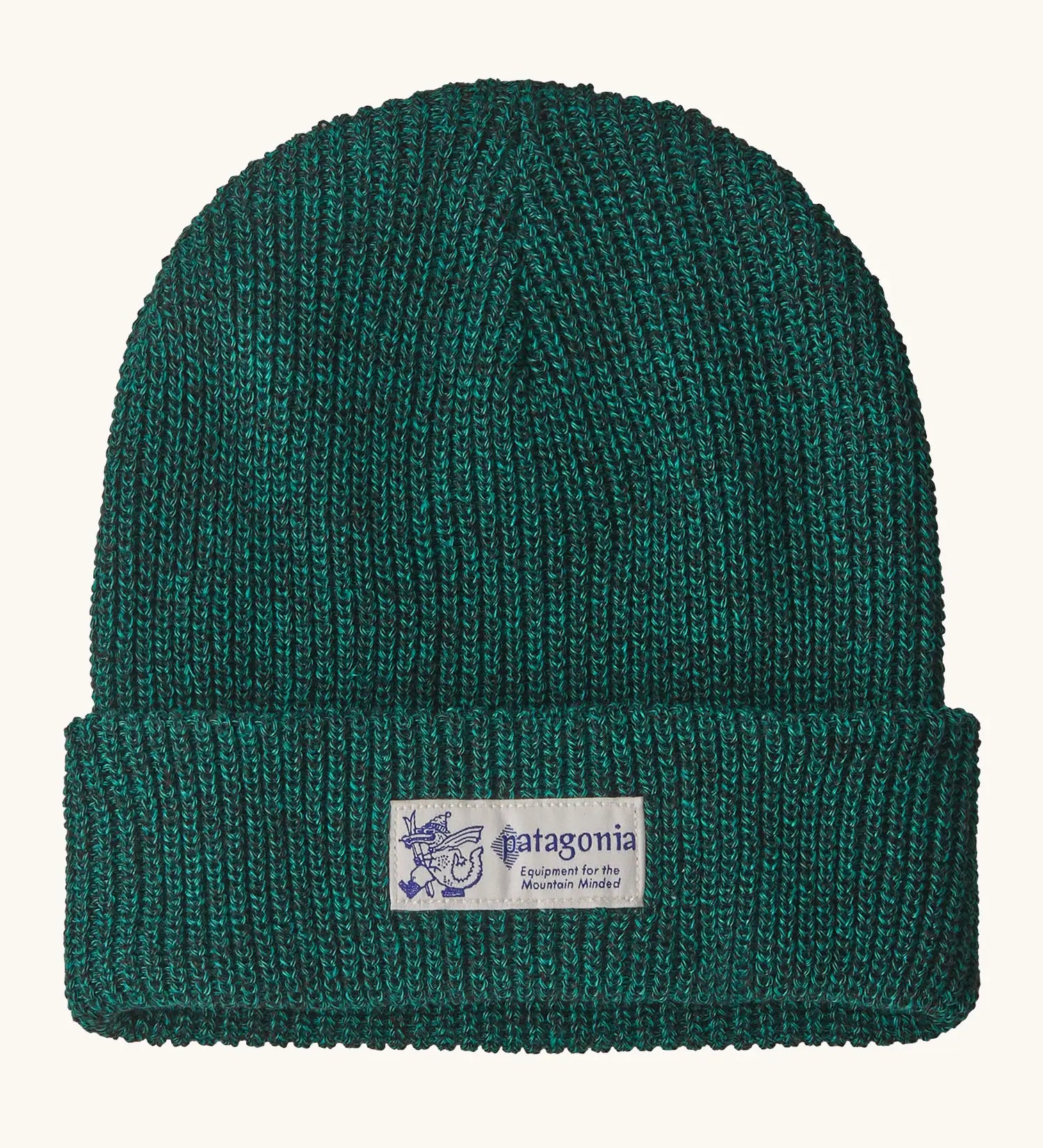 Patagonia Kids Logo Beanie in Solo Teal. Forest Green Rib knit with a folded cuff and vintage style Patagonia p-6 logo patch sewn onto the front.
