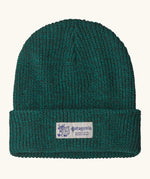 Patagonia Kids Logo Beanie in Solo Teal. Forest Green Rib knit with a folded cuff and vintage style Patagonia p-6 logo patch sewn onto the front.