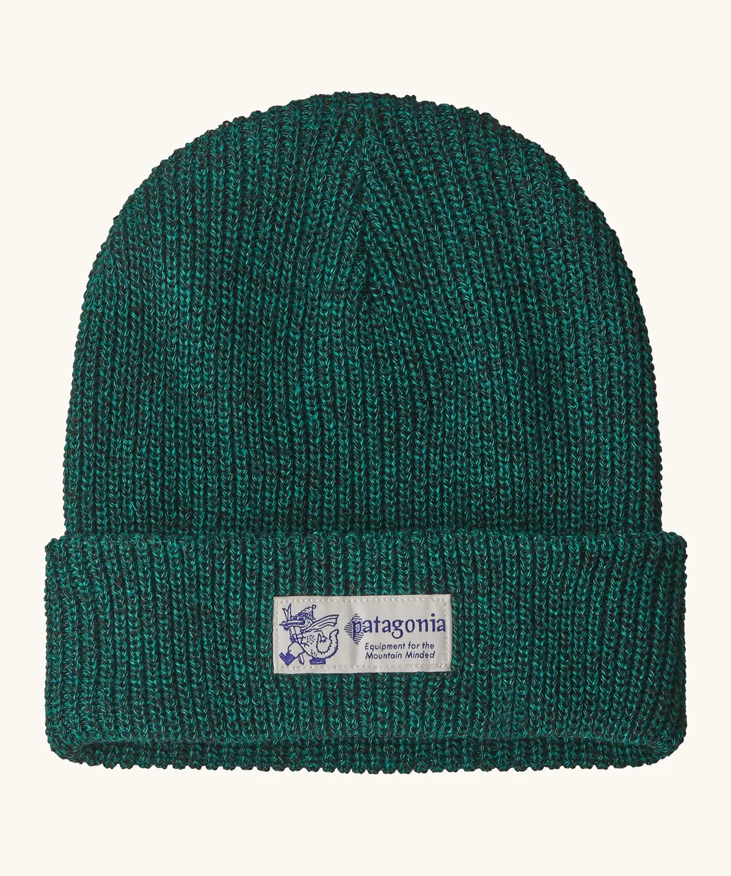 Patagonia Kids Logo Beanie in Solo Teal. Forest Green Rib knit with a folded cuff and vintage style Patagonia p-6 logo patch sewn onto the front.