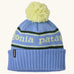 Patagonia Kids Powder Town Beanie in Park Stripe: Diver Blue. A pale blue knit with lime green 'Patagonia' woven around the head, a rib-knit cuff, and a lime green pom-pom on top. 