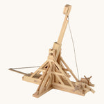 The back and side of the Walachia wooden Trebucet Craft kit, showing the wooden pieces carefully constructed to make a working Trebuchet
