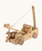 The back of the Walachia Wooden Catapult building toy on a cream background. The image shows the catapult mechanics which allow the wooden arm to move are swing forward