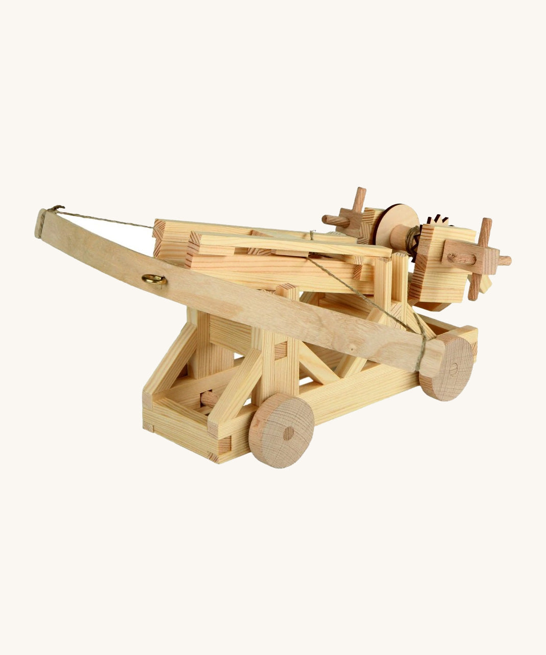 Assembled wooden ballista building set with tensioned arms and wheeled base, showing a finished Walachia wooden STEM toy construction model
