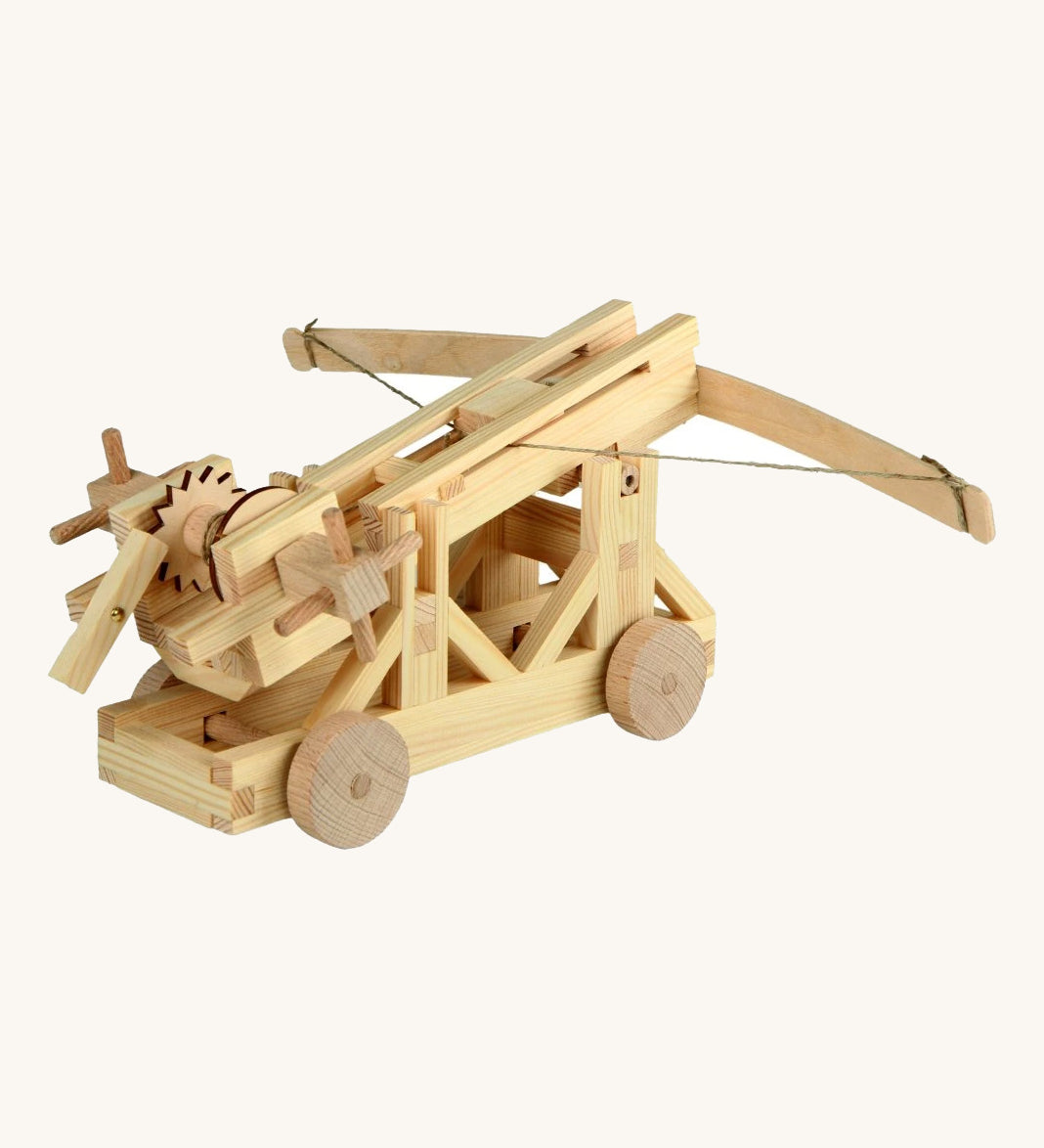 Wooden ballista construction toy made from solid beech and pine wood, part of the Walachia Ballista Creative Kit, a wooden STEM toy and engineering kit for older kids
