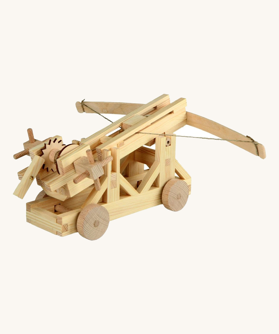 Wooden ballista construction toy made from solid beech and pine wood, part of the Walachia Ballista Creative Kit, a wooden STEM toy and engineering kit for older kids