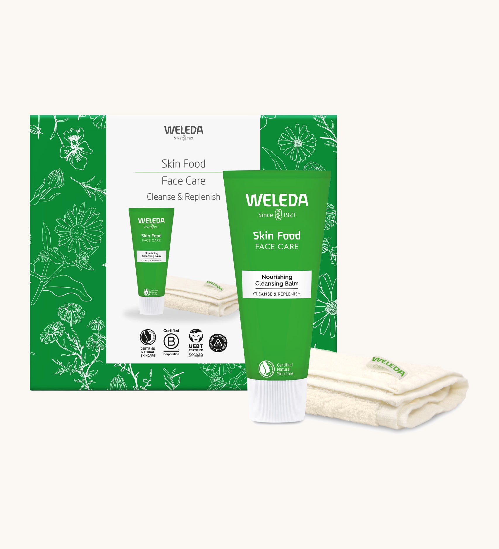 Weleda skin food cleanse replenish gift set. A Weleda gift set that includes the Skin Food face care nourishing cleansing balm and a soft cloth. Weleda have a range of luxurious, natural skin care items available at Babipur. 
