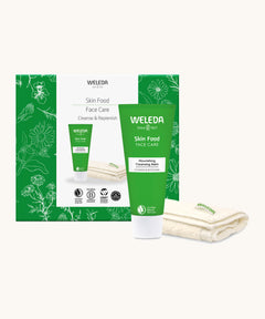 Weleda skin food cleanse replenish gift set. A Weleda gift set that includes the Skin Food face care nourishing cleansing balm and a soft cloth. Weleda have a range of luxurious, natural skin care items available at Babipur. 