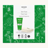 Weleda skin food cleanse & replenish gift set. A Weleda gift set presented in a floral outlined decorated box. Weleda have a range of luxurious, natural skin care items available at Babipur. 