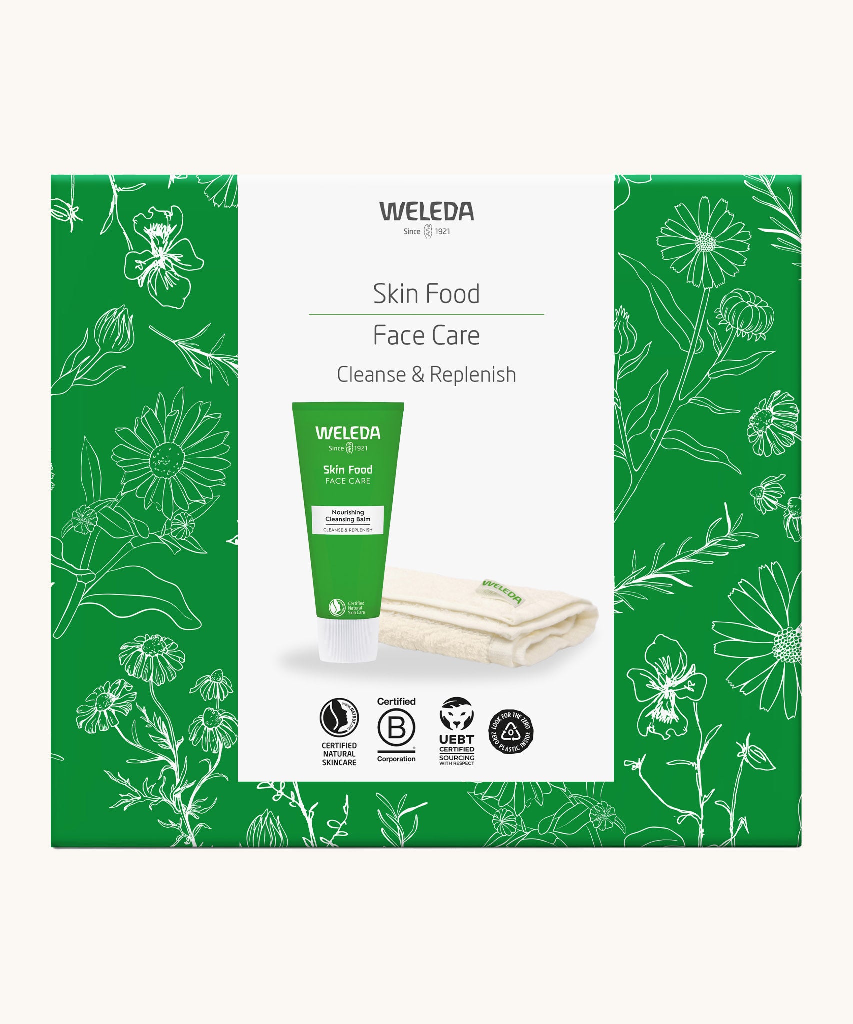Weleda skin food cleanse & replenish gift set. A Weleda gift set presented in a floral outlined decorated box. Weleda have a range of luxurious, natural skin care items available at Babipur. 