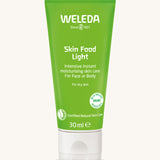 Weleda 30ml moisturising skin food light available at Babipur. This comes in a light green tube and features a flip lid cap