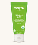 Weleda 30ml moisturising skin food light available at Babipur. This comes in a light green tube and features a flip lid cap