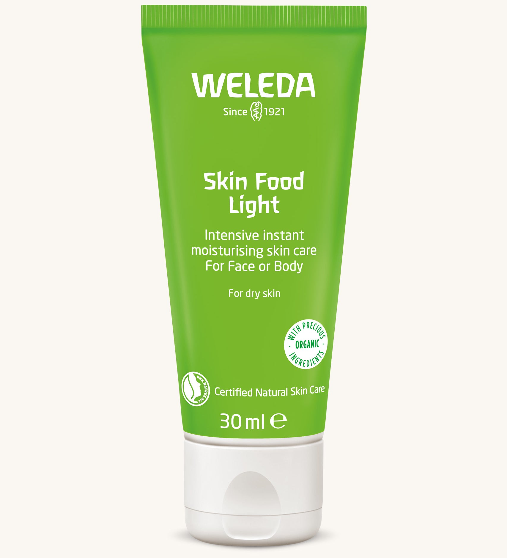 Weleda 30ml moisturising skin food light available at Babipur. This comes in a light green tube and features a flip lid cap
