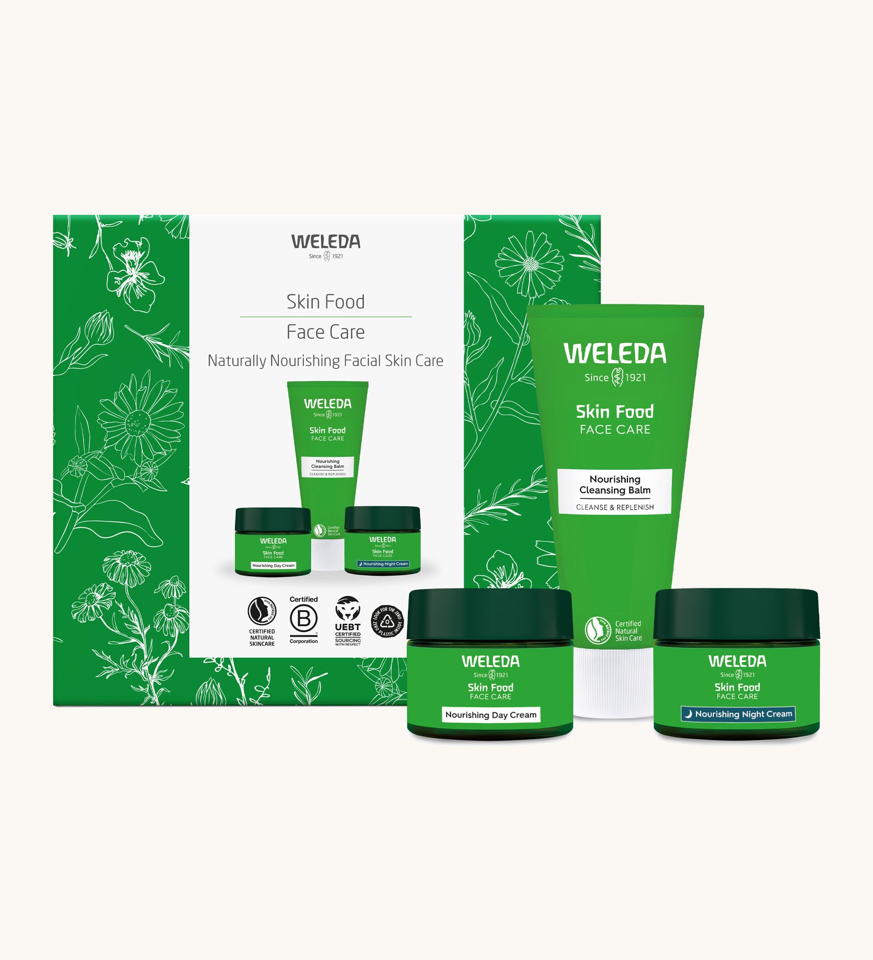 Weleda skin food naturally nourishing gift set. A Weleda gift set that includes the Skin Food face care nourishing cleansing balm and the day and night nourishing cream. Weleda have a range of luxurious, natural skin care items available at Babipur. 