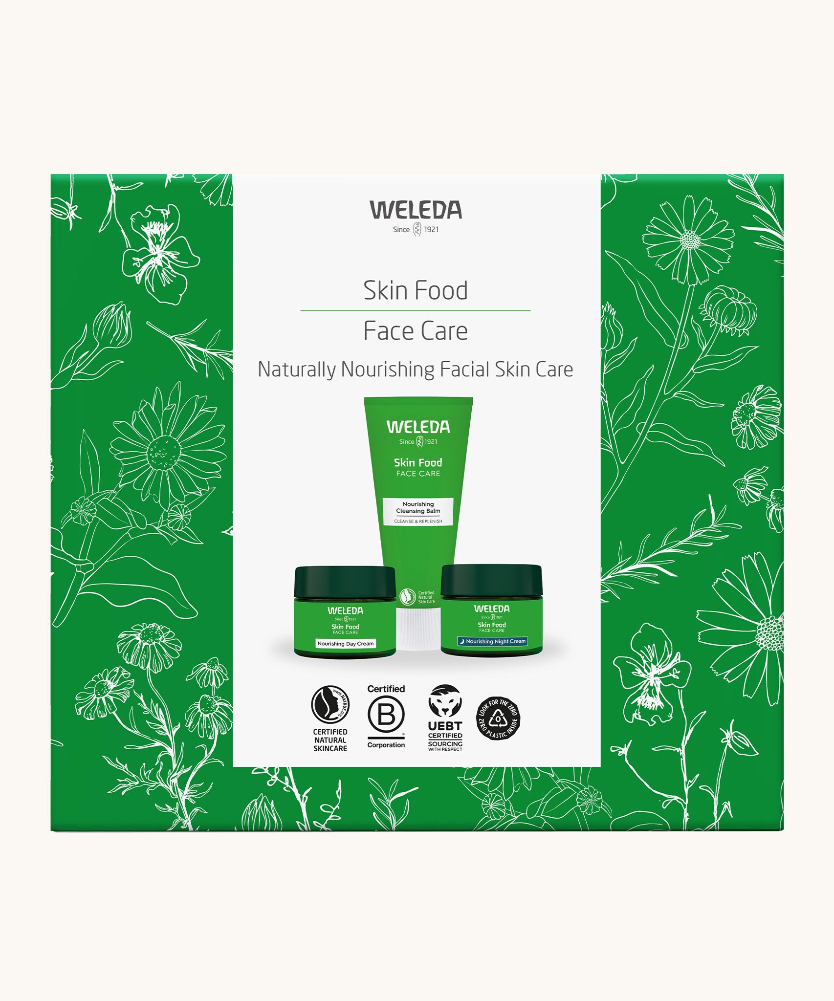 Weleda skin food naturally nourishing facial skin care gift set. A Weleda gift set presented in a floral outlined decorated box Weleda have a range of luxurious, natural skin care items available at Babipur. 