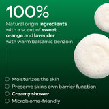 A graphic for the Weleda skin food shower cream available at Babipur showing the ingredients list and benefits